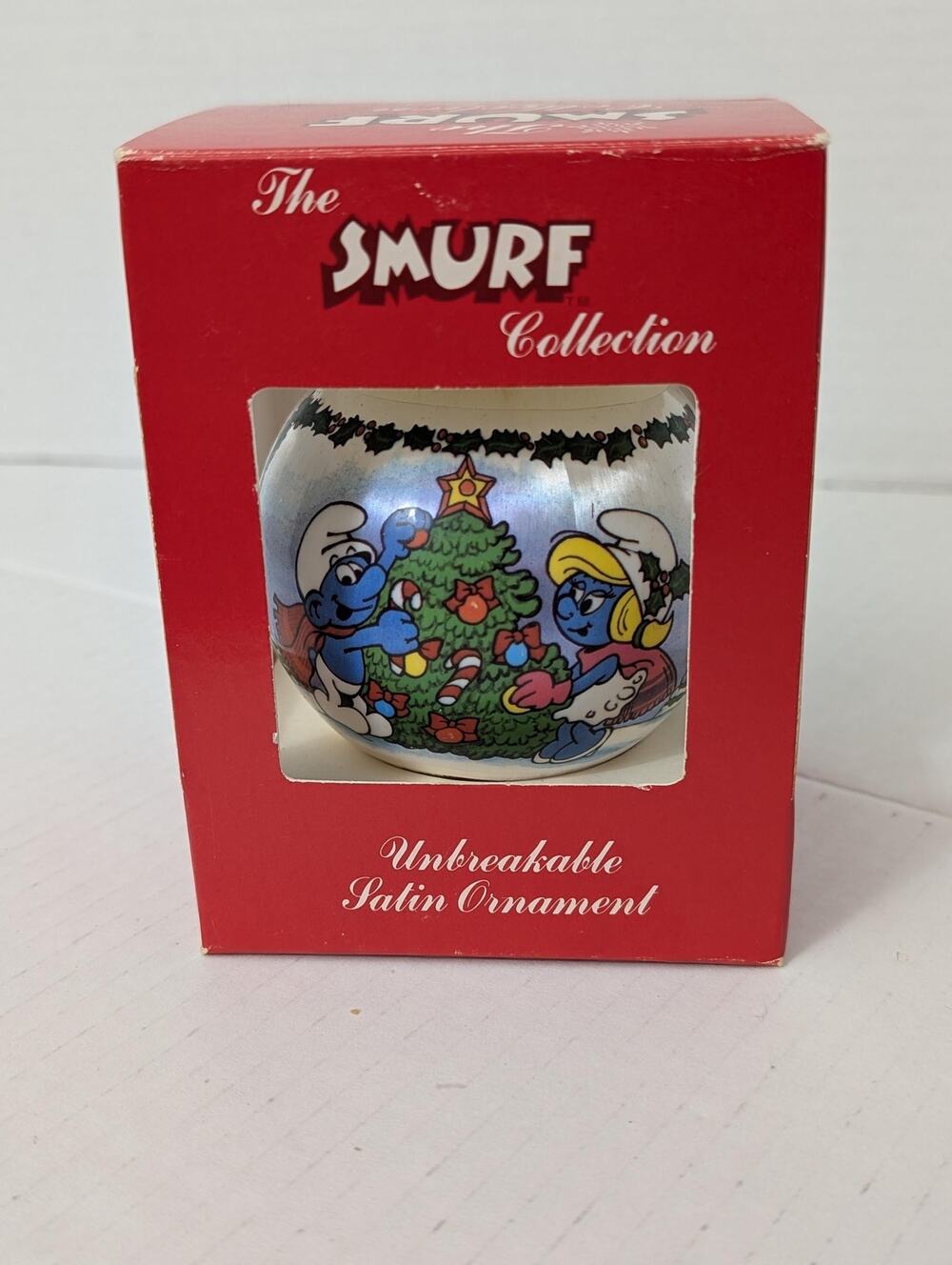 Vintage 1982 Smurf and Smurfette Satin Ball Christmas Ornament in Box
